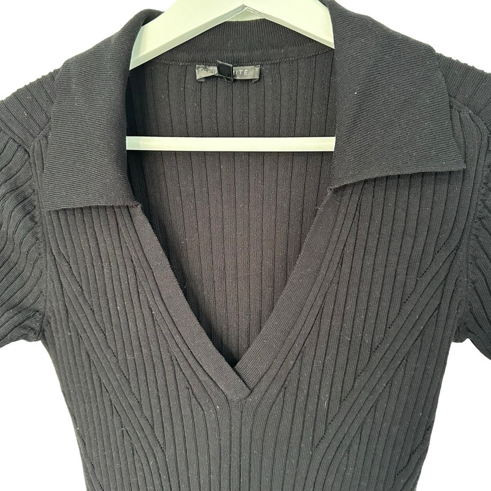 DYNAMITE BLACK RIBBED MAXI DRESS WITH  V-NECK, COLLAR & SIDE SLIT | SIZE SMALL - Picture 2 of 15